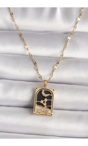 316L Çelik Gold Renk Zirkon Taşlı Ay Figürlü Tarot Model Kadın Kolye