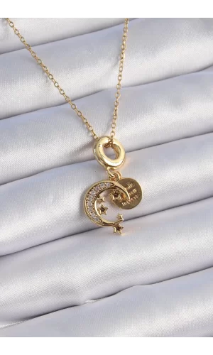 316L Çelik Gold Renk Zirkon Taşlı Ay Yıldız  Model Charm Model Kadın Kolye