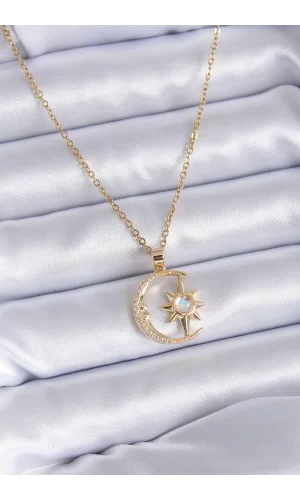 316L Çelik Gold Renk Zirkon Taşlı Ay Yıldız Model Kadın Kolye