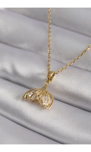 316L Çelik Gold Renk Zirkon Taşlı Balık Kuyruğu Model Kadın Kolye