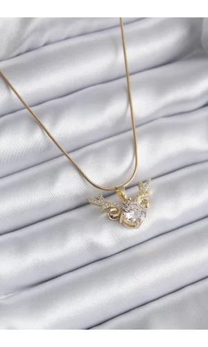 316L Çelik Gold Renk Zirkon Taşlı Boynuz Model Kadın Kolye