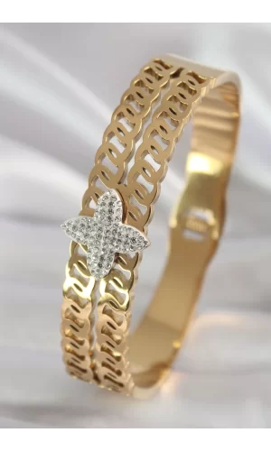 316L Çelik Gold Renk Zirkon Taşlı Çiçek Model Kadın Kelepçe