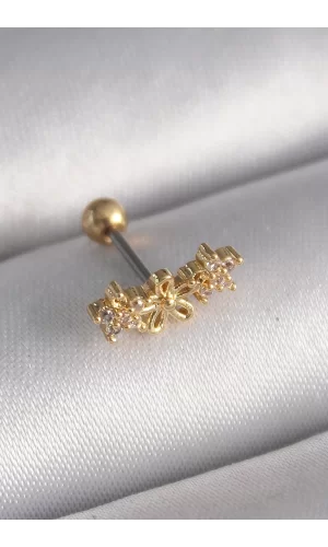 316L Çelik Gold Renk Zirkon Taşlı Çiçek Tragus Piercing