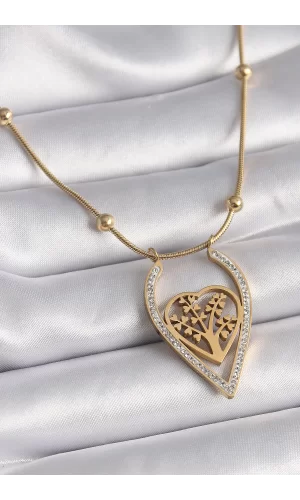 316L Çelik Gold Renk Zirkon Taşlı Detaylı Kalp Fidan Model Kadın Kolye