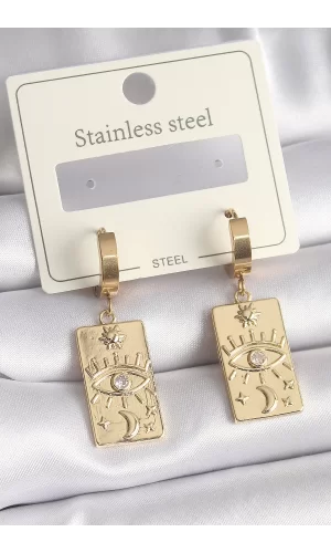 316L Çelik Gold Renk Zirkon Taşlı Göz İşleme Detay Plaka Model Kadın Küpe