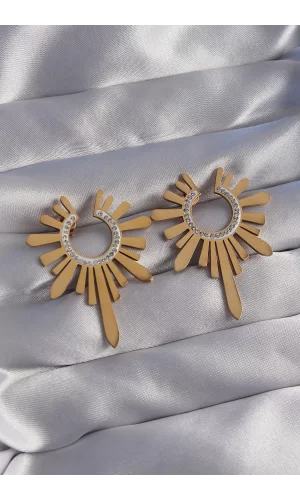316L Çelik Gold Renk Zirkon Taşlı Güneş Figürlü Küpe