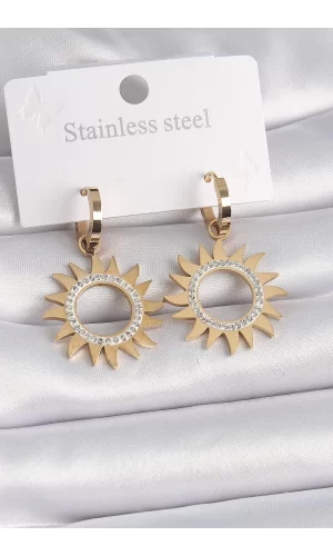 316L Çelik Gold Renk Zirkon Taşlı Güneş Model Kadın Küpe