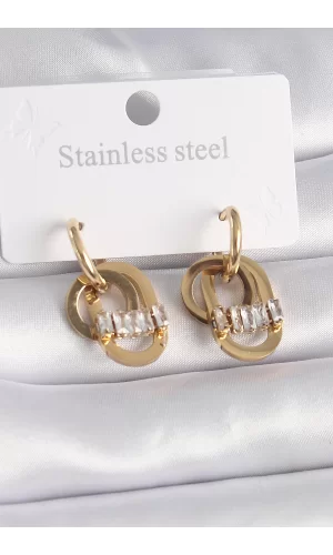 316L Çelik Gold Renk Zirkon Taşlı Halka Model Kadın Küpe