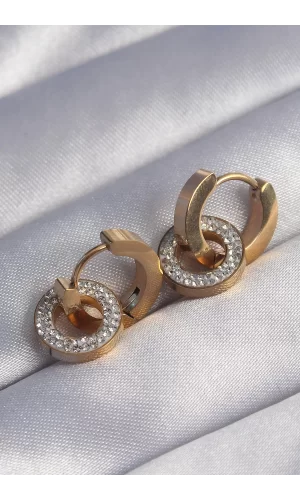 316L Çelik Gold Renk Zirkon Taşlı İç İçe Geçmeli Oval Küpe