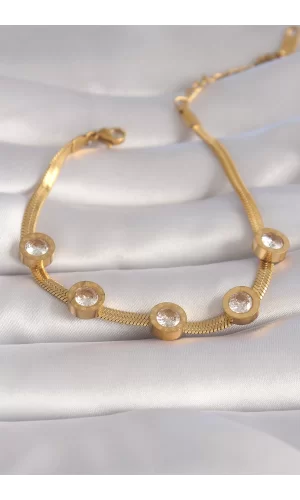 316L Çelik Gold Renk Zirkon Taşlı İtalyan Zincir Model Kadın Bileklik