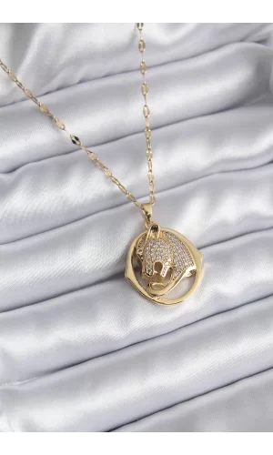 316L Çelik Gold Renk Zirkon Taşlı Jaguar Model Kadın Kolye