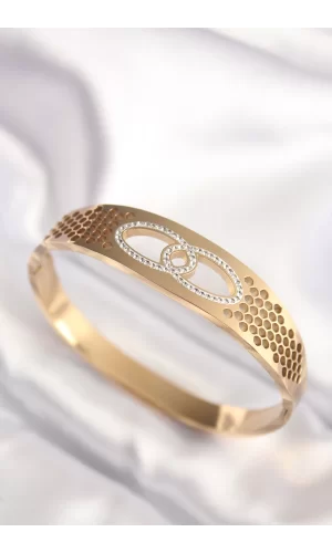 316L Çelik Gold Renk Zirkon Taşlı Kadın Kelepçe Bilezik
