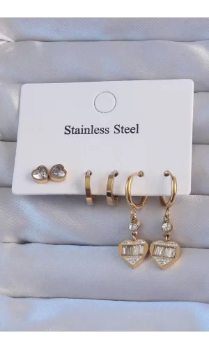 316L Çelik Gold Renk Zirkon Taşlı Kalp Model Halka Küpe Seti