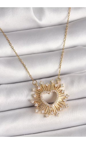 316L Çelik Gold Renk Zirkon Taşlı Kalp Model Kadın Kolye