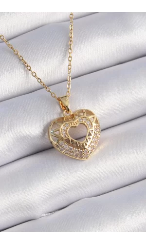 316L Çelik Gold Renk Zirkon Taşlı Kalp Model Vintage Kadın Kolye