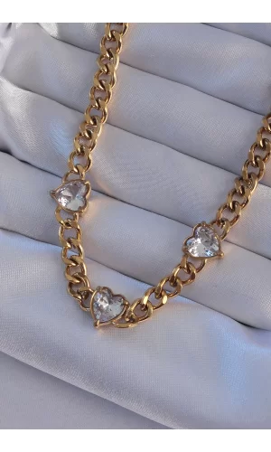 316L Çelik Gold Renk Zirkon Taşlı Kalp Model Zincir Kolye