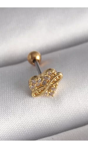 316L Çelik Gold Renk Zirkon Taşlı Kalp Sonsuzluk Detay Tragus Piercing