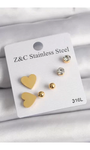 316L Çelik Gold Renk Zirkon Taşlı Kalpli Kadın Küpe Seti
