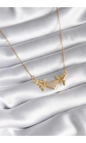 316L Çelik Gold Renk Zirkon Taşlı Kanatlı Kalp Model Kadın Kolye