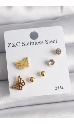 316L Çelik Gold Renk Zirkon Taşlı Kelebek Figür Kadın Küpe Seti