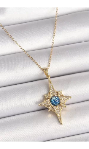 316L Çelik Gold Renk Zirkon Taşlı Kutup Yıldız Model Kadın Kolye