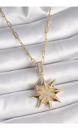316L Çelik Gold Renk Zirkon Taşlı Kutup Yıldızı Model Kadın Kolye
