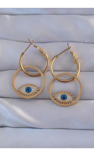 316L Çelik Gold Renk Zirkon Taşlı Mavi Göz Tasarımlı Halka Küpe