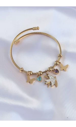 316L Çelik Gold Renk Zirkon Taşlı Minimal Kalp Detay Kelebek Charm Bileklik
