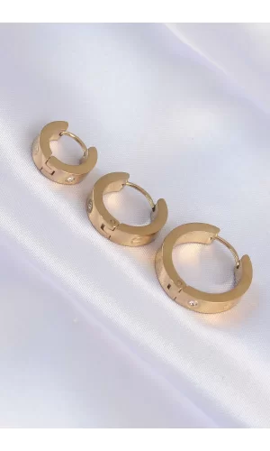 316L Çelik Gold Renk Zirkon Taşlı Model 3lü Halka Küpe