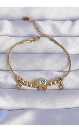 316L Çelik Gold Renk Zirkon Taşlı Nazarlı Fil Tasarımlı Bileklik