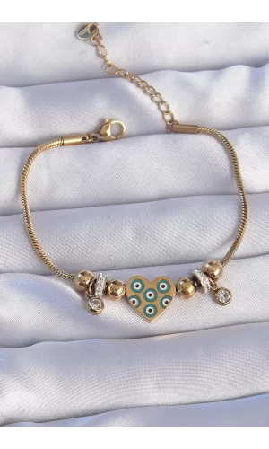 316L Çelik Gold Renk Zirkon Taşlı Nazarlı Kalp Tasarımlı Bileklik