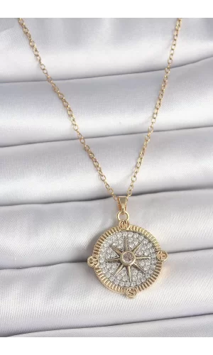 316L Çelik Gold Renk Zirkon Taşlı Pusula Model Kadın Kolye