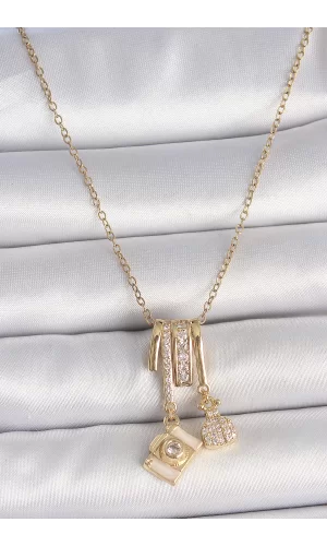 316L Çelik Gold Renk Zirkon Taşlı Sallantı Fotoğraf Makinası Figür Charm Kadın Kolye