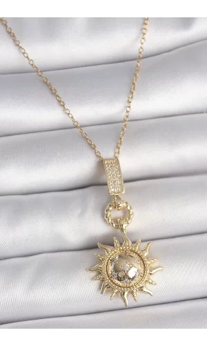 316L Çelik Gold Renk Zirkon Taşlı Sallantı Güneş Model Kadın Kolye