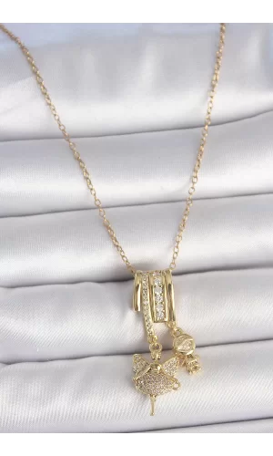 316L Çelik Gold Renk Zirkon Taşlı Sallantı Melek Figür Charm Kadın Kolye