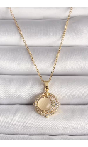 316L Çelik Gold Renk Zirkon Taşlı Sarı Sedefli Hilal Model Kadın Kolye