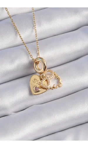 316L Çelik Gold Renk Zirkon Taşlı Sonsuzluk Kalp Figür Charm Model Kadın Kolye