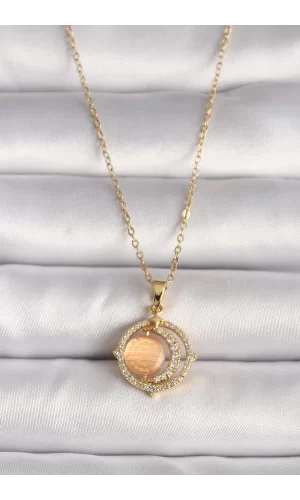 316L Çelik Gold Renk Zirkon Taşlı Turuncu Sedefli Hilal Model Kadın Kolye