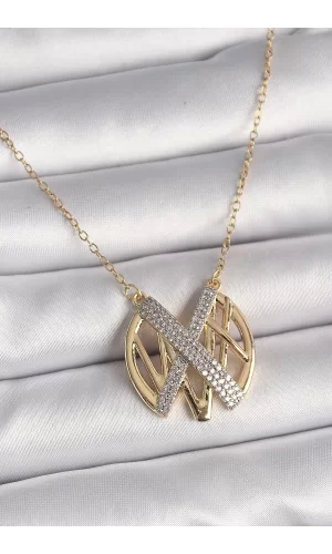 316L Çelik Gold Renk Zirkon Taşlı Vintage Model Kadın Kolye