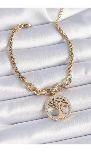316L Çelik Gold Renk Zirkon Taşlı Yaşam Ağacı Figür Kadın Bileklik