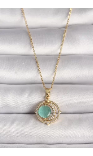 316L Çelik Gold Renk Zirkon Taşlı Yeşil Sedefli Hilal Model Kadın Kolye