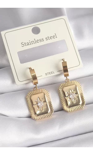 316L Çelik Gold Renk Zirkon Taşlı Yıldız İşlemeli Kadın Küpe