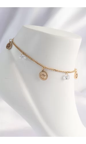 316L Çelik Gold Renk Zirkon Taşlı Yıldızlı Halhal