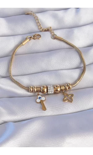 316L Çelik Gold Renk Zirkon Taşlı Yonca Detay Nazarlı Anahtar Tasarımlı Bileklik