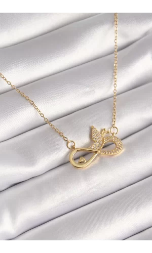 316L Çelik Gold Renk Zirkon Zincir Taşı Sonsuzluk Kelebek Model Kadın Kolye