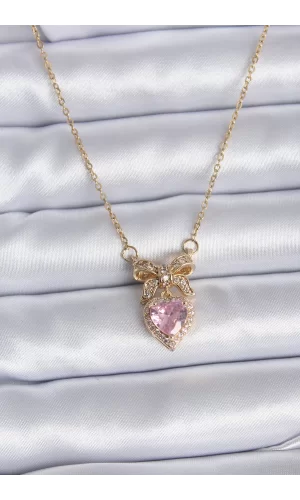 316L Çelik Gold Zincir Pembe Kristal Kalp Model Zirkon Taşlı Kurdele Model Kadın Kolye