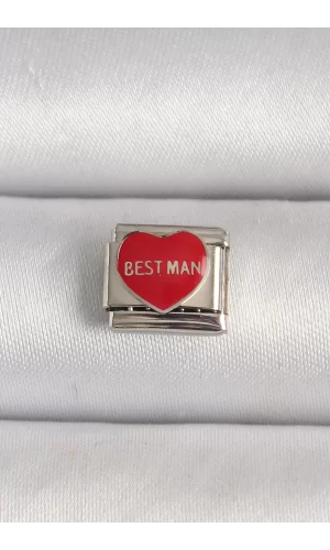 316L Çelik Gümüş Renk Best Man Yazılı Kırmızı Kalp İşlemeli Nomination Charm