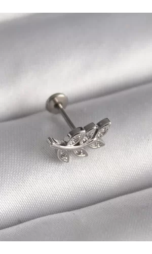 316L Çelik Gümüş Renk Dal Model Zirkon Taş Detaylı Tragus Piercing