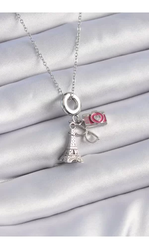 316L Çelik Gümüş Renk Eyfel Kule Fotoğraf Makinesi Model Charm Kadın Kolye