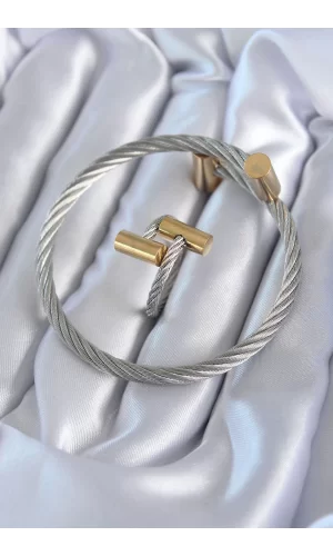 316L Çelik Gümüş Renk Gold Detay Sarmal Model Erkek Bileklik Yüzük Kombini